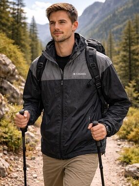 Columbia Men’s XXL Gray Black Lightweight Hooded Jacket Full Zip Packable EUC!